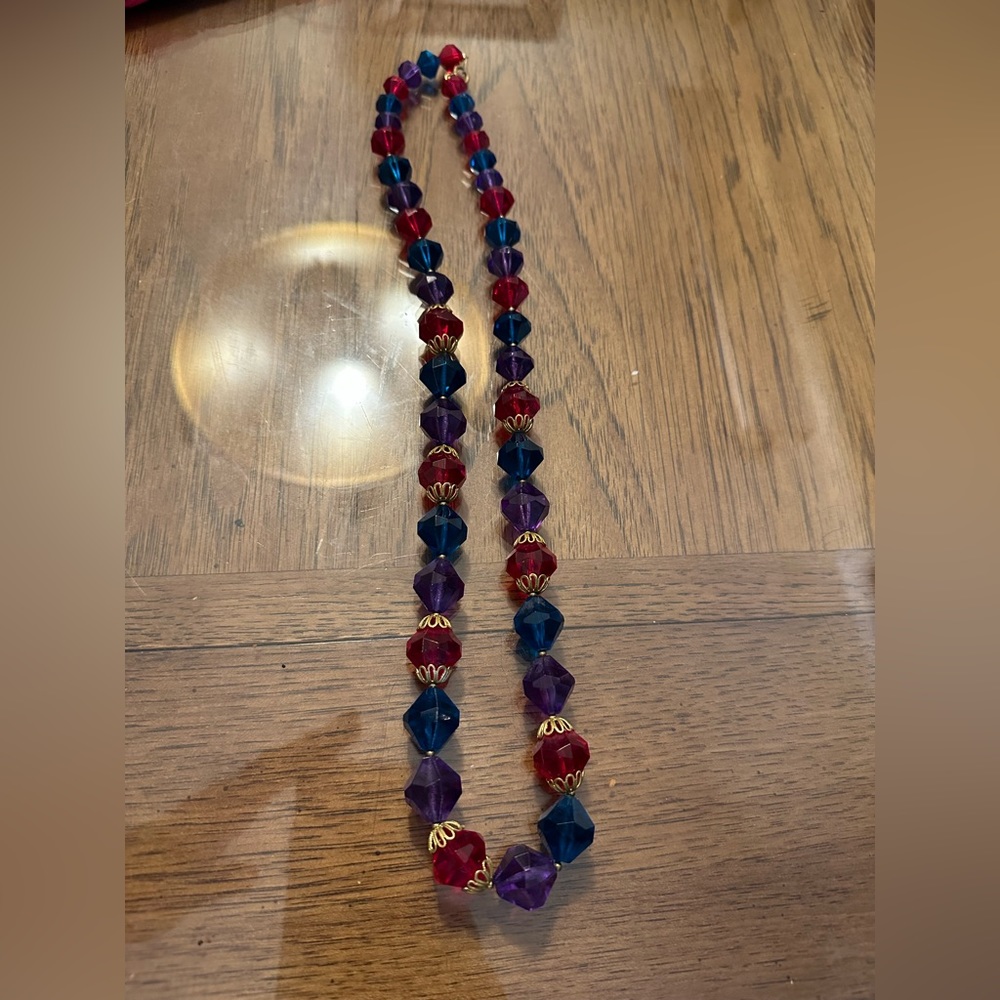 Trifari Vintage Red Blue Purple Faceted Colorful Lucite Necklace Signed 24"